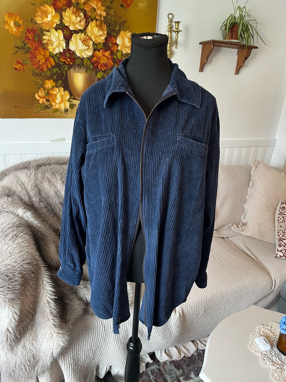 Vintage Navy Corduroy Overshirt Jacket - Casual Zip Front